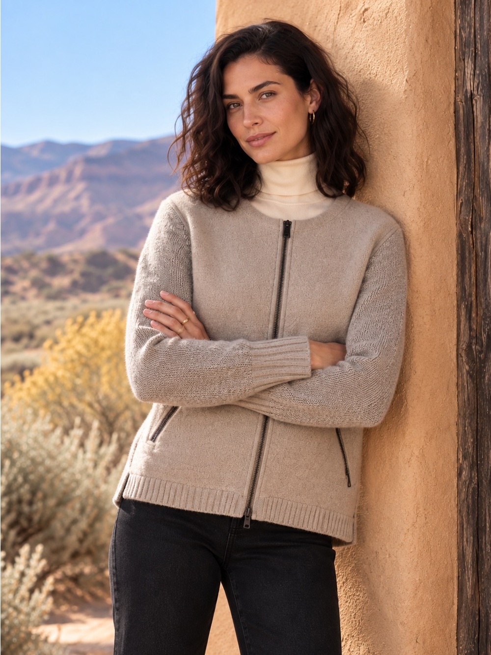 Sundance Merino Wool Alpaca Knit Sleeve Stadium Jacket Oatmeal Large